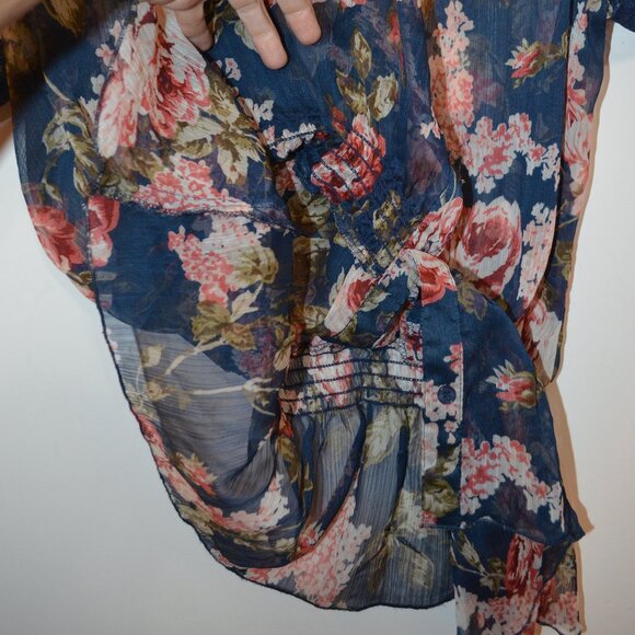 Blue Transparent Poly Beautiful Buttons Down Blouse Short Sleeves Lace Back XS - Picture 4 of 9